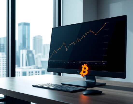 Strategy's corporate Bitcoin acquisition strategy shown through a financial trading desk monitoring stock and BTC data.