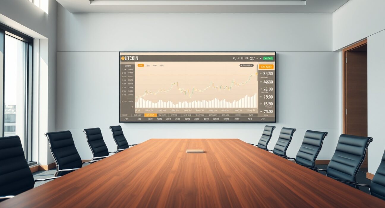 Modern boardroom with Bitcoin price chart on large screen