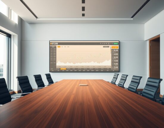 Modern boardroom with Bitcoin price chart on large screen