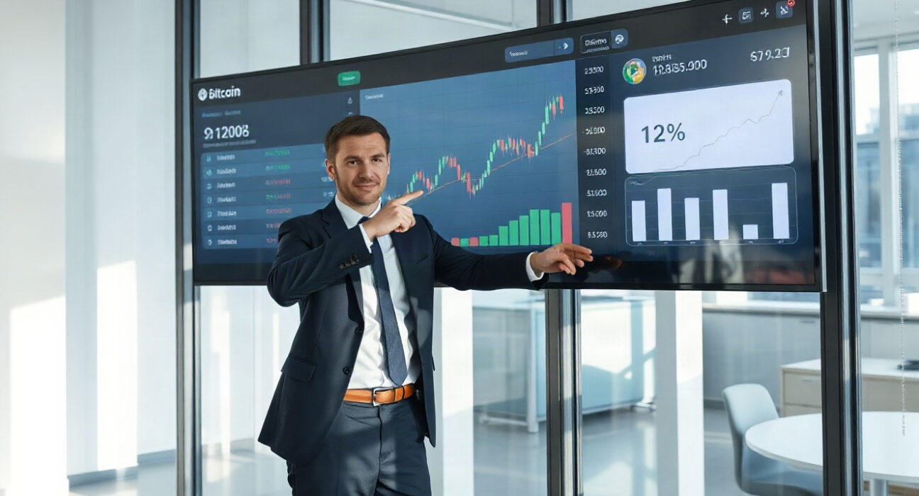 Financial analyst pointing to a screen showing Bitcoin price chart and a 12% dividend rate