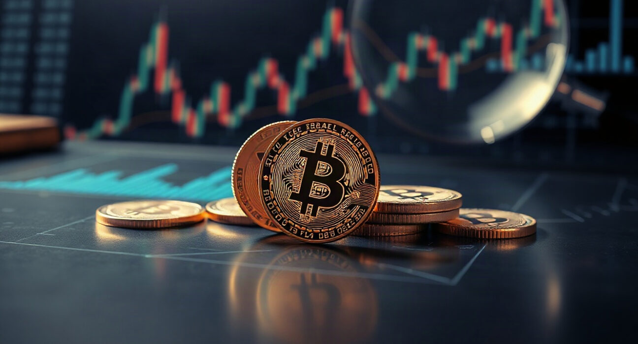 Bitcoin tokens under scrutiny with analytical charts in background, representing market monitoring.