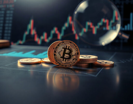 Bitcoin tokens under scrutiny with analytical charts in background, representing market monitoring.