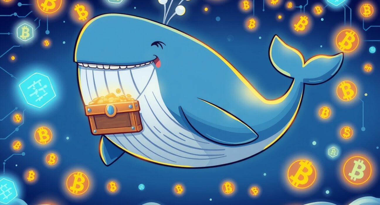 A cartoon whale symbolizing a major Bitcoin investment swimming through a digital blockchain ocean.