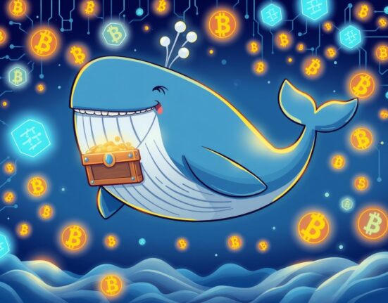 A cartoon whale symbolizing a major Bitcoin investment swimming through a digital blockchain ocean.