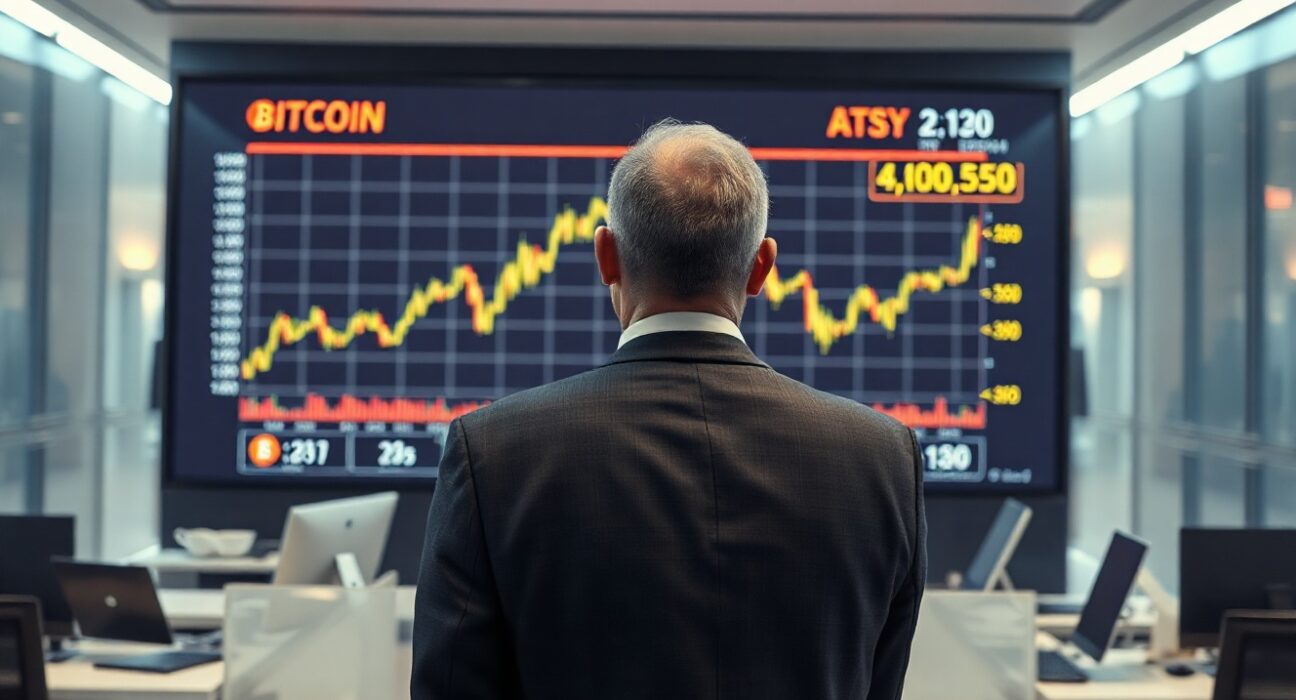 Analyst monitoring Bitcoin price chart on a large screen in a corporate office