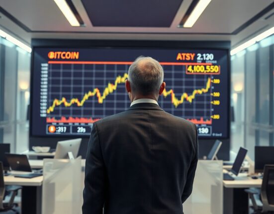 Analyst monitoring Bitcoin price chart on a large screen in a corporate office