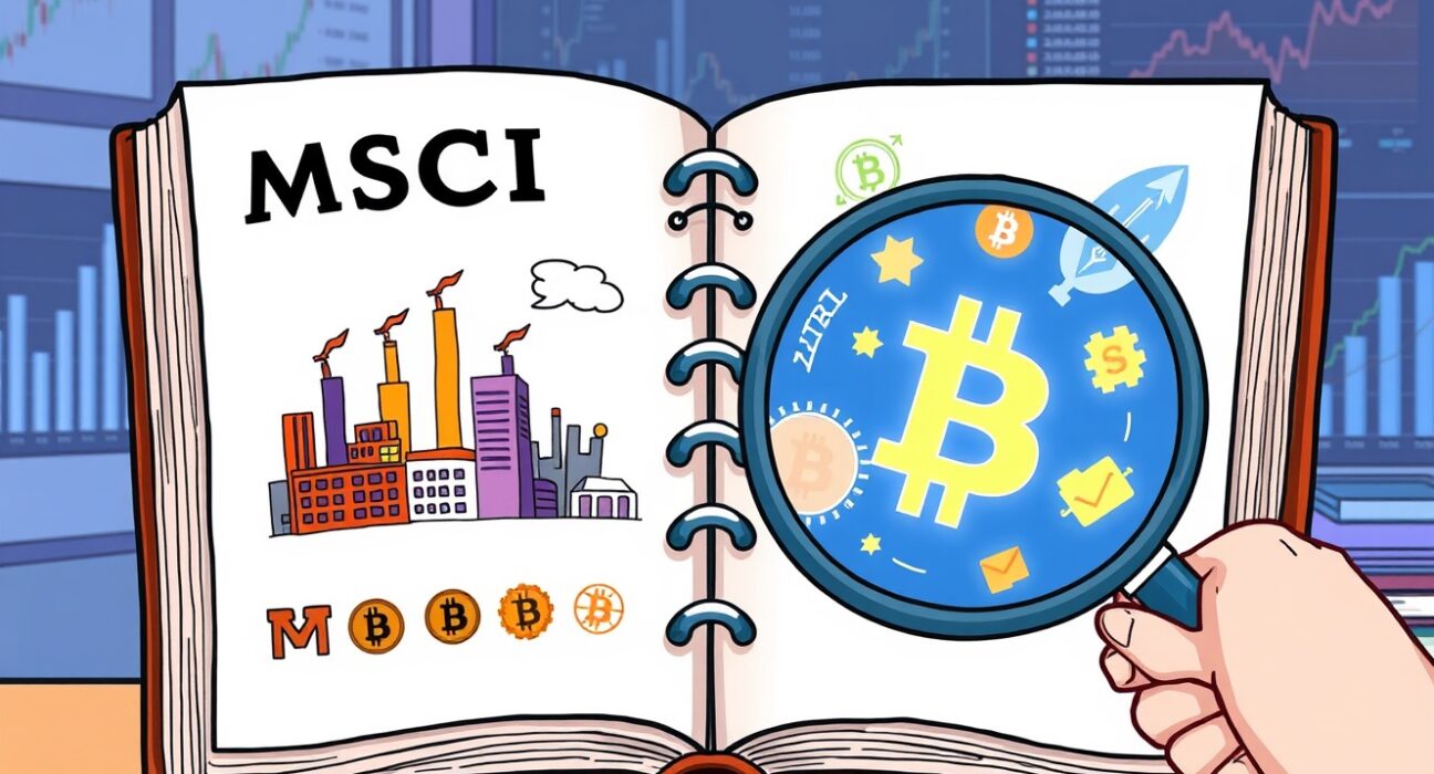 Cartoon illustration of the MSCI index exclusion debate featuring Bitcoin symbols under review.