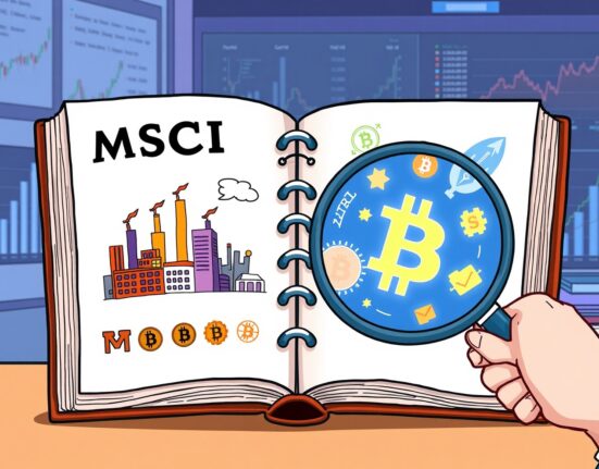 Cartoon illustration of the MSCI index exclusion debate featuring Bitcoin symbols under review.
