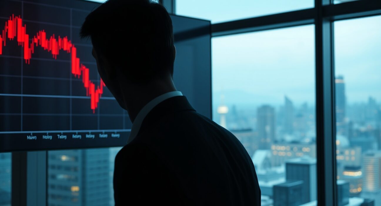 Analyst watching a declining Bitcoin price chart on a large display in a modern office.