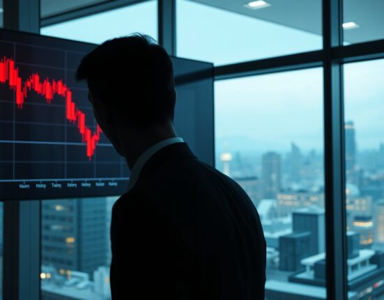 Analyst watching a declining Bitcoin price chart on a large display in a modern office.