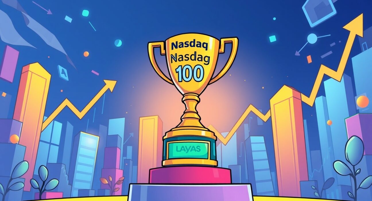 A triumphant cartoon trophy symbolizing Strategy's crucial inclusion in the Nasdaq 100 index.