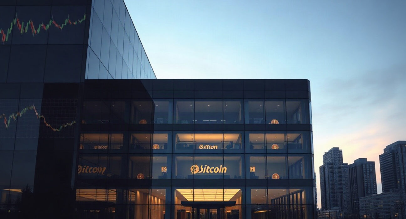 Modern corporate headquarters of Strategy, reflecting subtle Bitcoin and financial chart imagery at dusk.