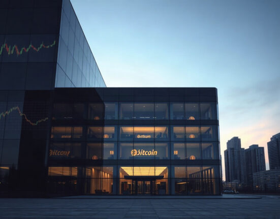 Modern corporate headquarters of Strategy, reflecting subtle Bitcoin and financial chart imagery at dusk.