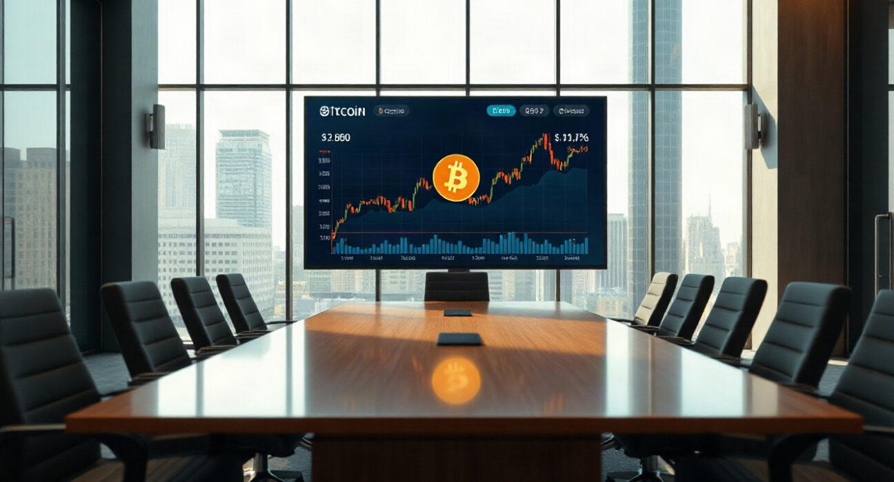 Corporate boardroom with a large screen showing Bitcoin price chart and financial data, symbolizing Strategy's treasury management.