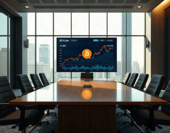 Corporate boardroom with a large screen showing Bitcoin price chart and financial data, symbolizing Strategy's treasury management.