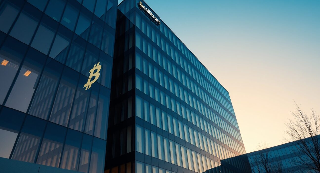 Modern corporate office building with Bitcoin symbol reflection, representing Strategy's corporate Bitcoin holdings