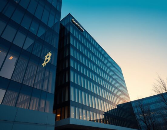 Modern corporate office building with Bitcoin symbol reflection, representing Strategy's corporate Bitcoin holdings