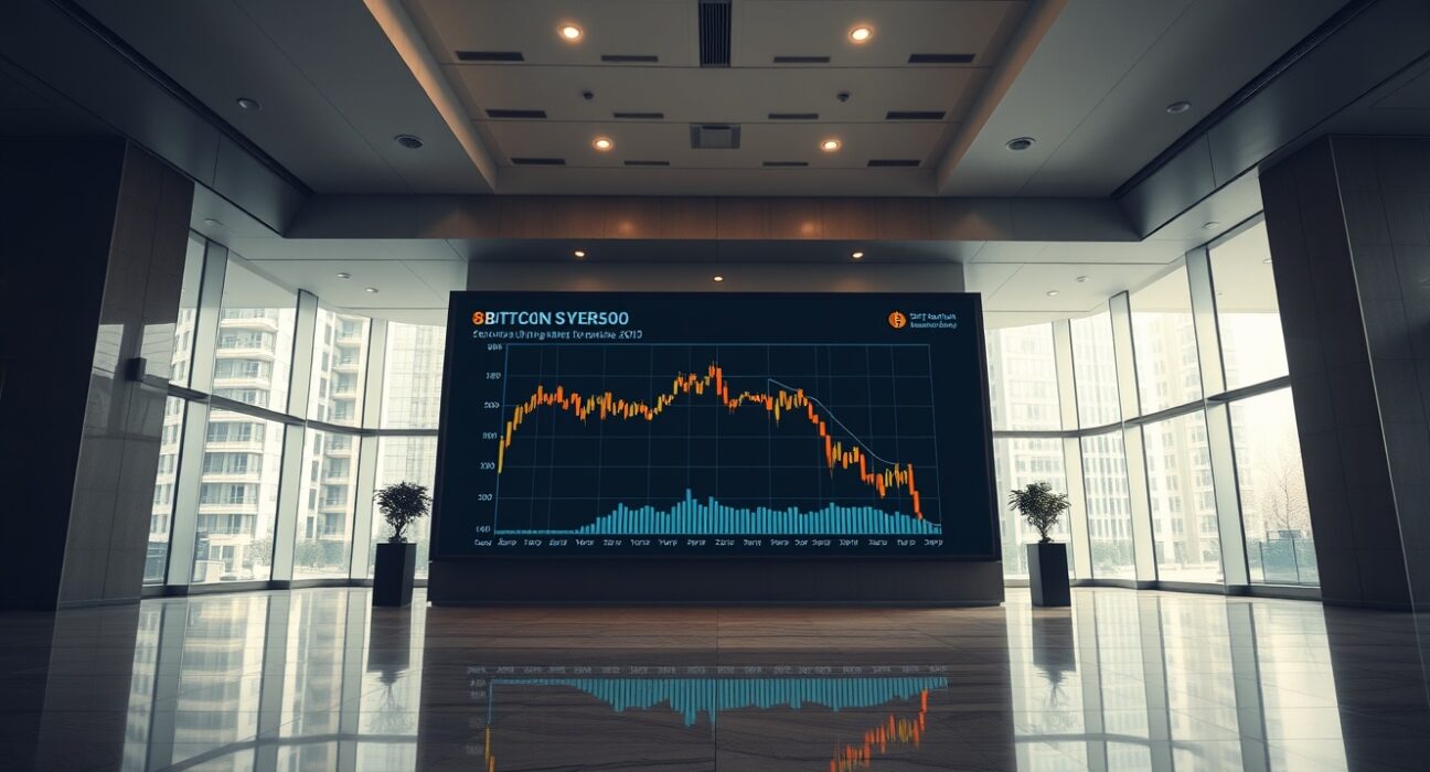 Corporate lobby with Bitcoin price chart showing decline, reflecting Strategy's unrealized loss.