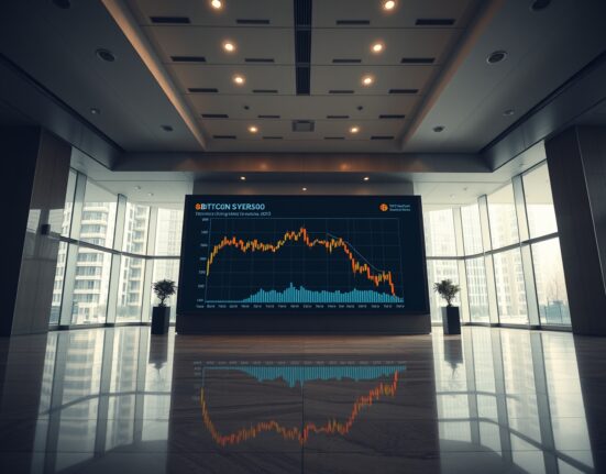 Corporate lobby with Bitcoin price chart showing decline, reflecting Strategy's unrealized loss.