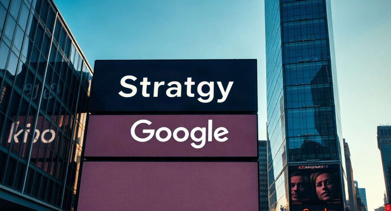 Digital stock market display showing Strategy and Google tickers in a financial district