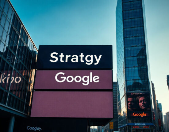 Digital stock market display showing Strategy and Google tickers in a financial district