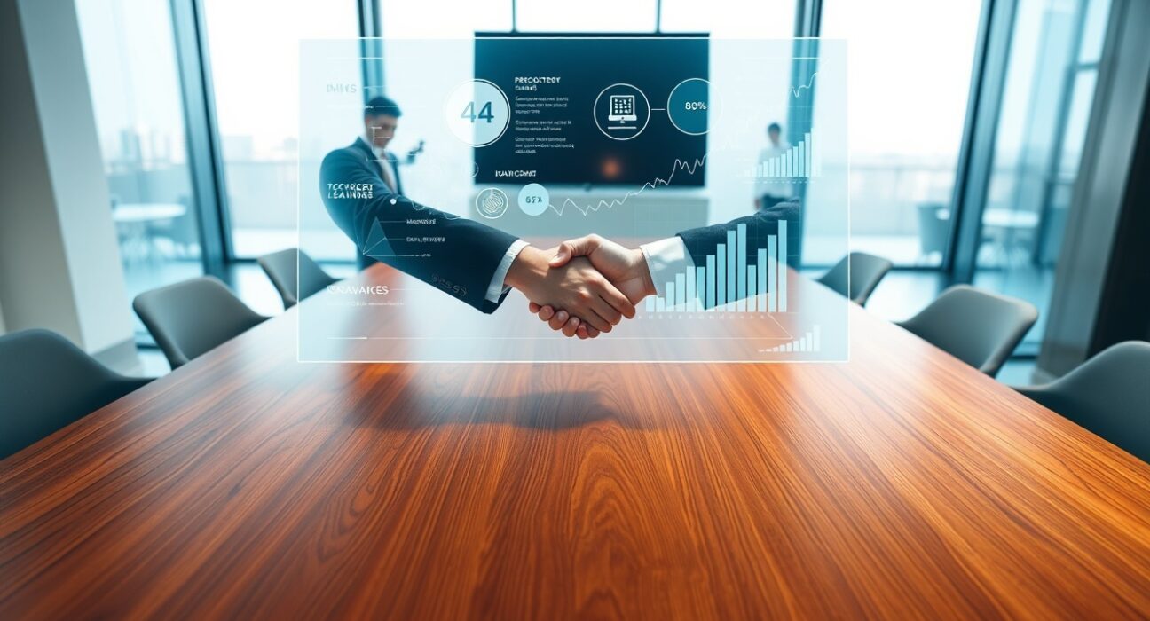 Two business professionals shaking hands in a modern meeting room with AI data analytics displayed on a transparent screen