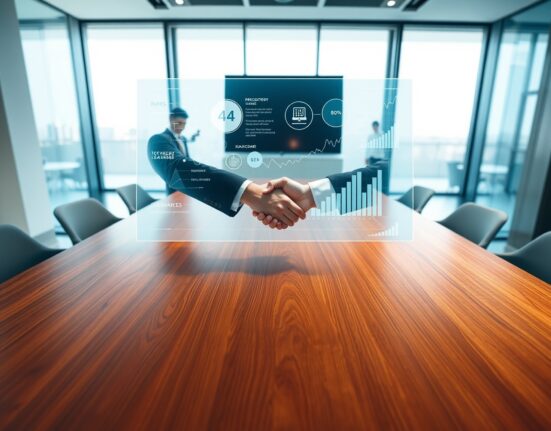 Two business professionals shaking hands in a modern meeting room with AI data analytics displayed on a transparent screen