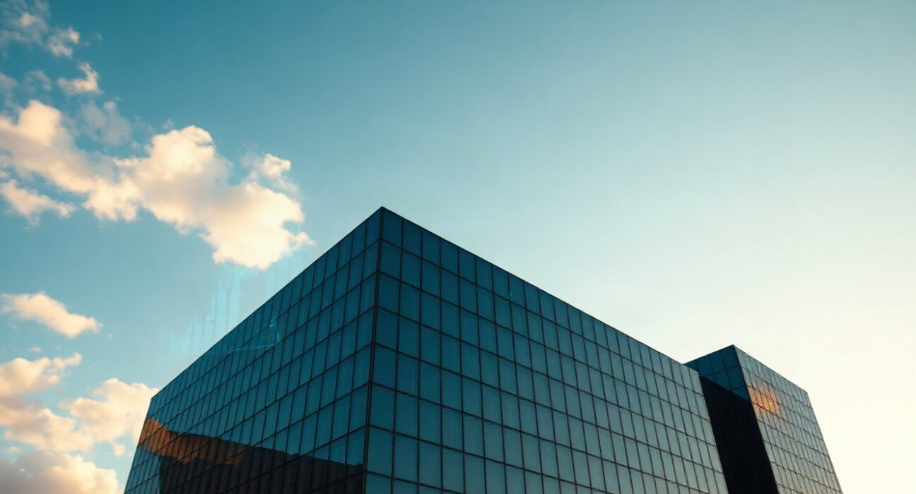 Corporate headquarters with digital financial overlays symbolizing Strategy's treasury management and Bitcoin holdings