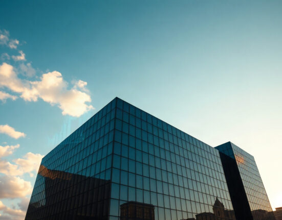 Corporate headquarters with digital financial overlays symbolizing Strategy's treasury management and Bitcoin holdings