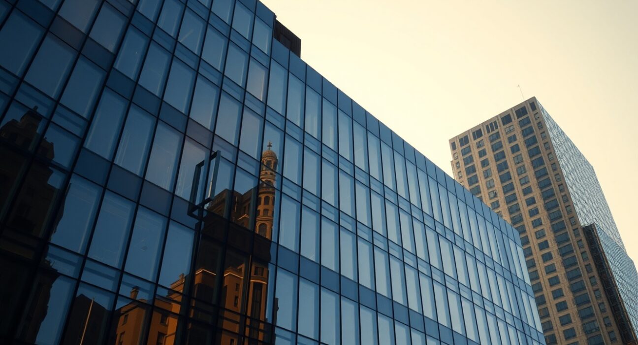 Modern corporate office building exterior in a US city representing Strategy's headquarters