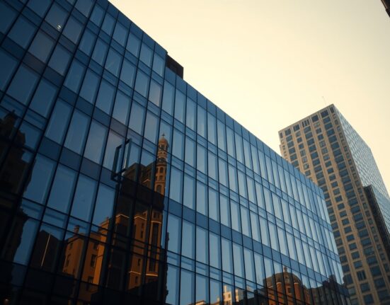 Modern corporate office building exterior in a US city representing Strategy's headquarters