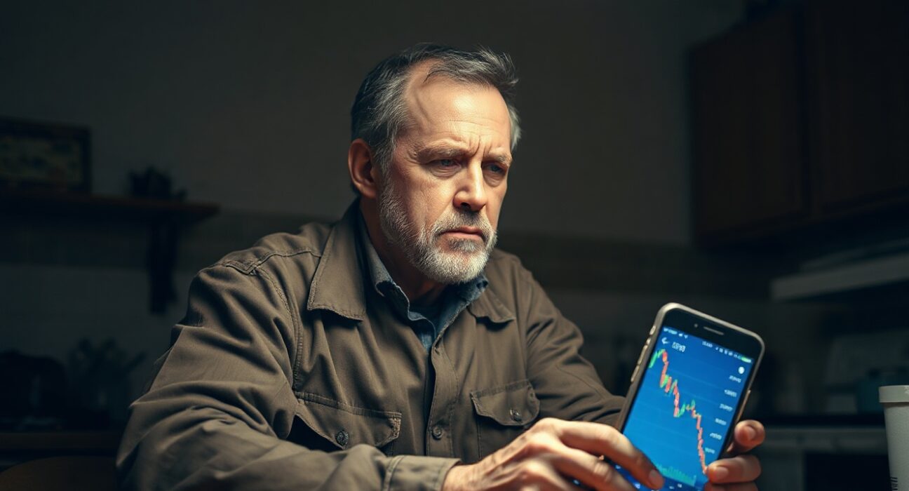 A worried electrician or plumber looking at a cryptocurrency chart on a smartphone at night in a dimly lit kitchen.