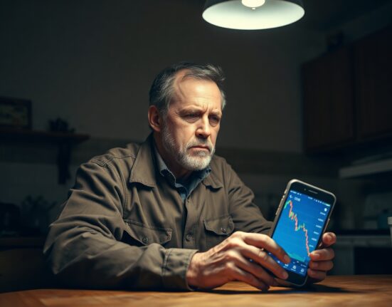 A worried electrician or plumber looking at a cryptocurrency chart on a smartphone at night in a dimly lit kitchen.
