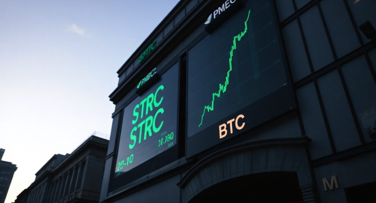 Stock market ticker showing STRC and BTC prices with upward green numbers in a financial district