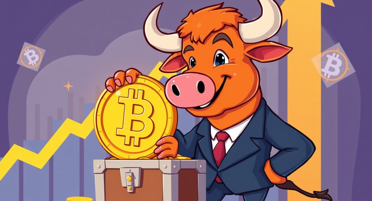 Confident bull in a suit strategically purchasing Bitcoin, representing institutional investment growth.