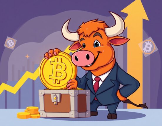 Confident bull in a suit strategically purchasing Bitcoin, representing institutional investment growth.