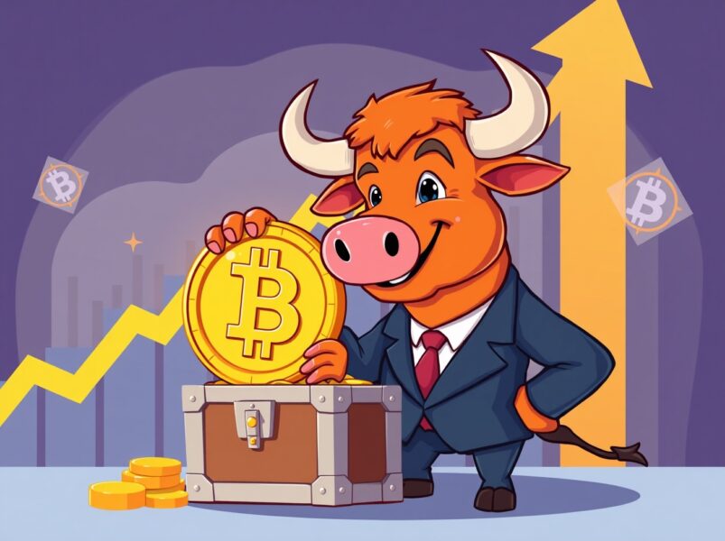 Confident bull in a suit strategically purchasing Bitcoin, representing institutional investment growth.