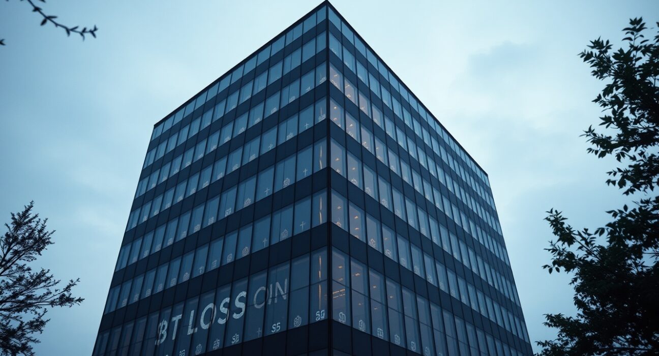 Modern corporate office building with subtle Bitcoin reflections in windows at dusk