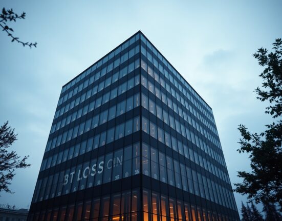 Modern corporate office building with subtle Bitcoin reflections in windows at dusk