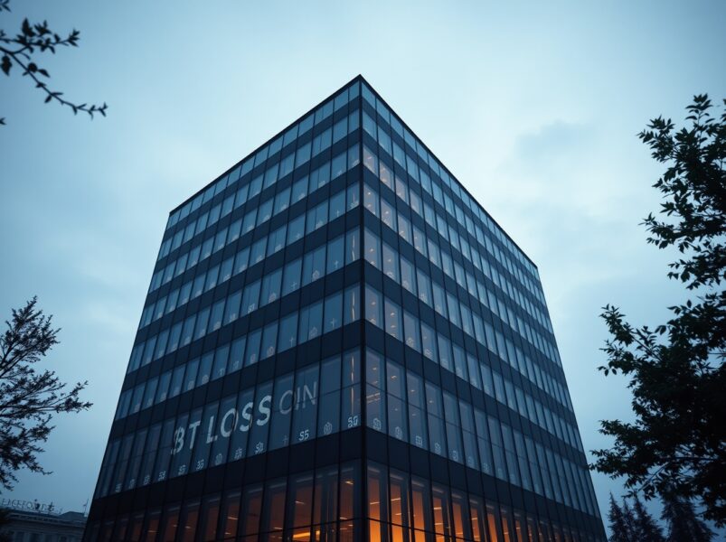Modern corporate office building with subtle Bitcoin reflections in windows at dusk