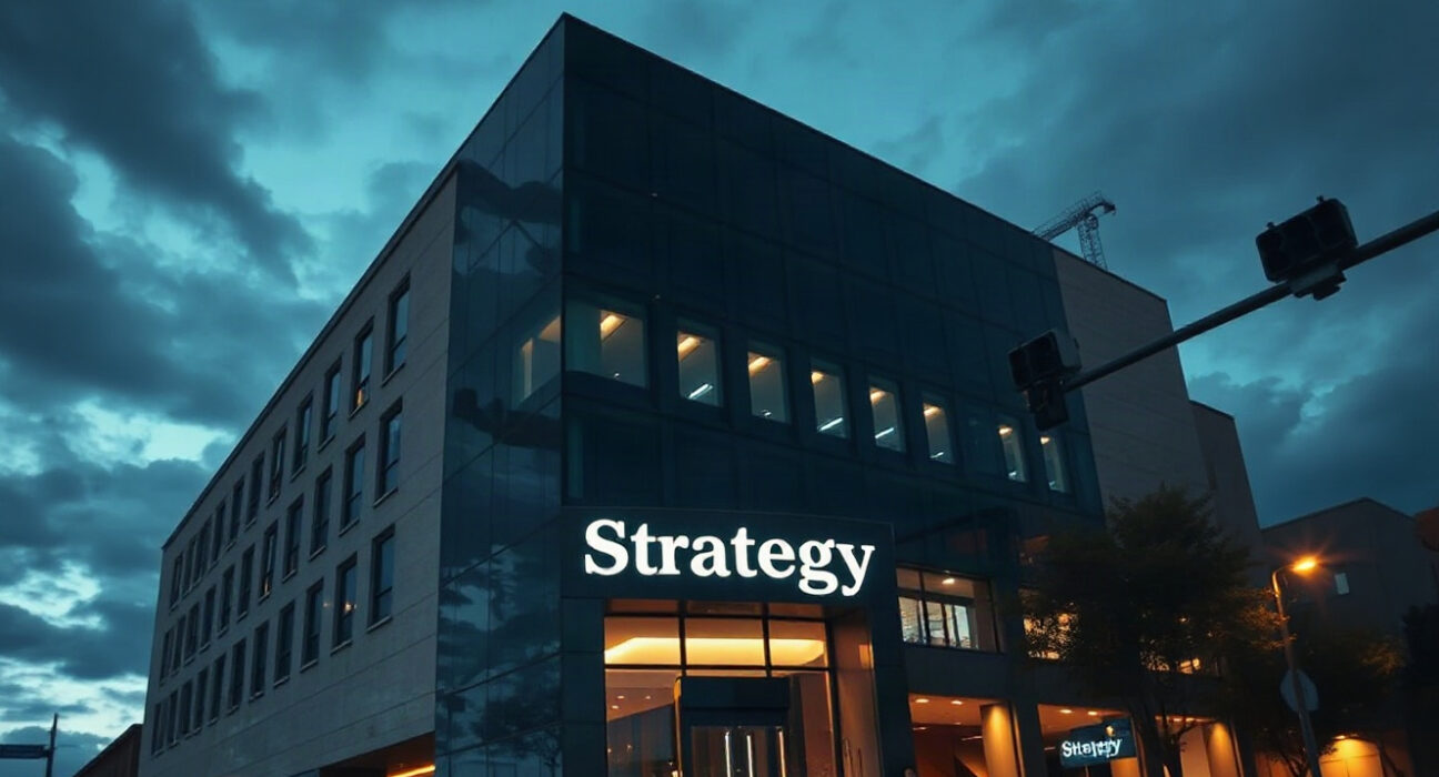 Strategy corporate headquarters building at dusk, symbolizing its latest capital raise and pause in Bitcoin buys