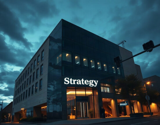 Strategy corporate headquarters building at dusk, symbolizing its latest capital raise and pause in Bitcoin buys