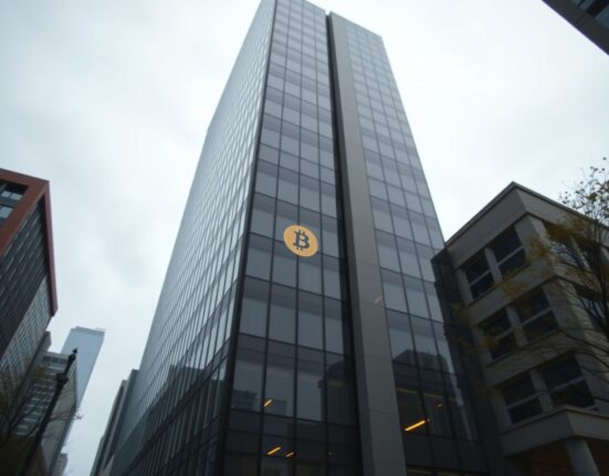 Modern corporate headquarters building of Strategy, formerly MicroStrategy, in a financial district