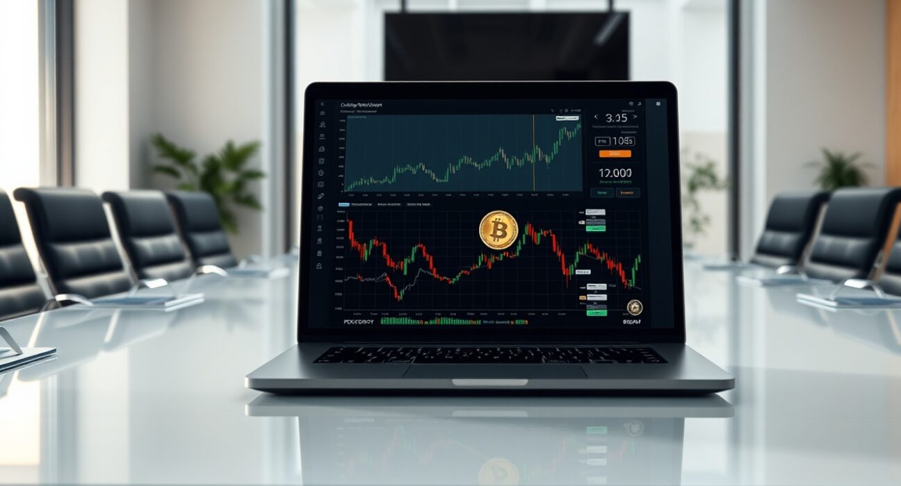 A laptop displaying financial charts and a Bitcoin icon on a conference table in a modern office.