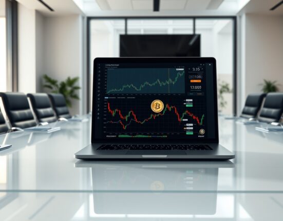 A laptop displaying financial charts and a Bitcoin icon on a conference table in a modern office.
