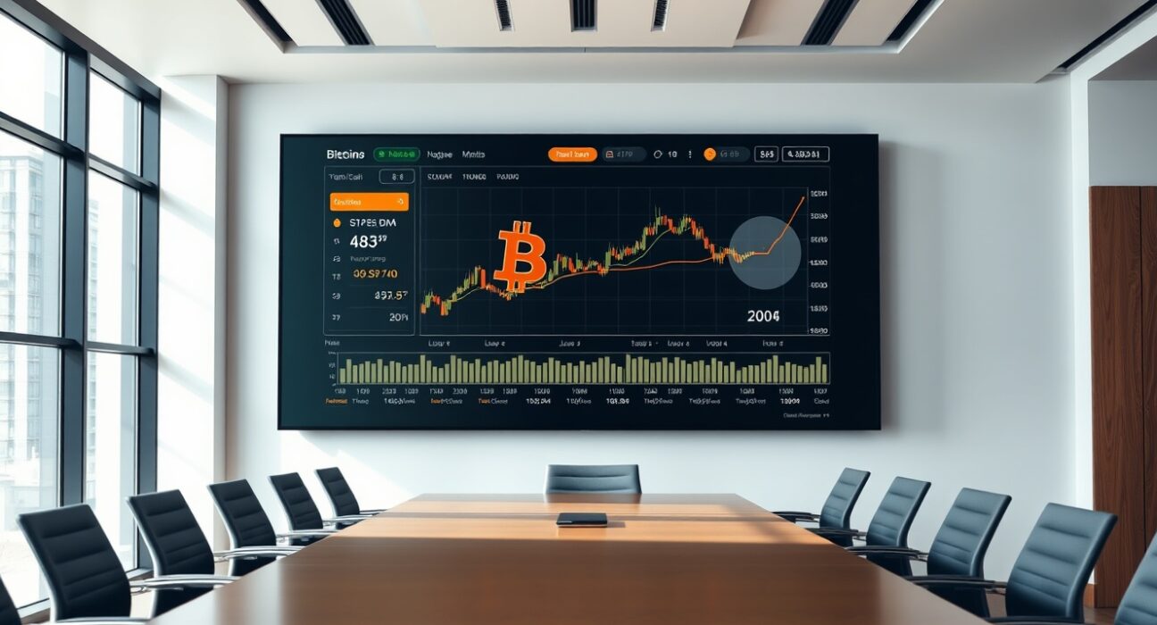 Modern corporate boardroom with Bitcoin chart and financial data on a large digital display