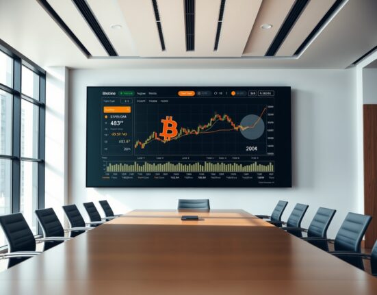 Modern corporate boardroom with Bitcoin chart and financial data on a large digital display