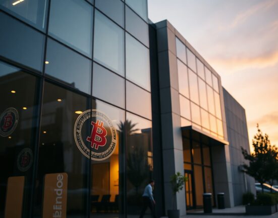 Modern corporate headquarters of Strategy at dusk, reflecting Bitcoin symbols in glass, symbolizing the company's recent BTC sale.