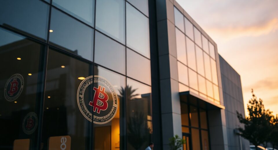Modern corporate headquarters of Strategy at dusk, reflecting Bitcoin symbols in glass, symbolizing the company's recent BTC sale.