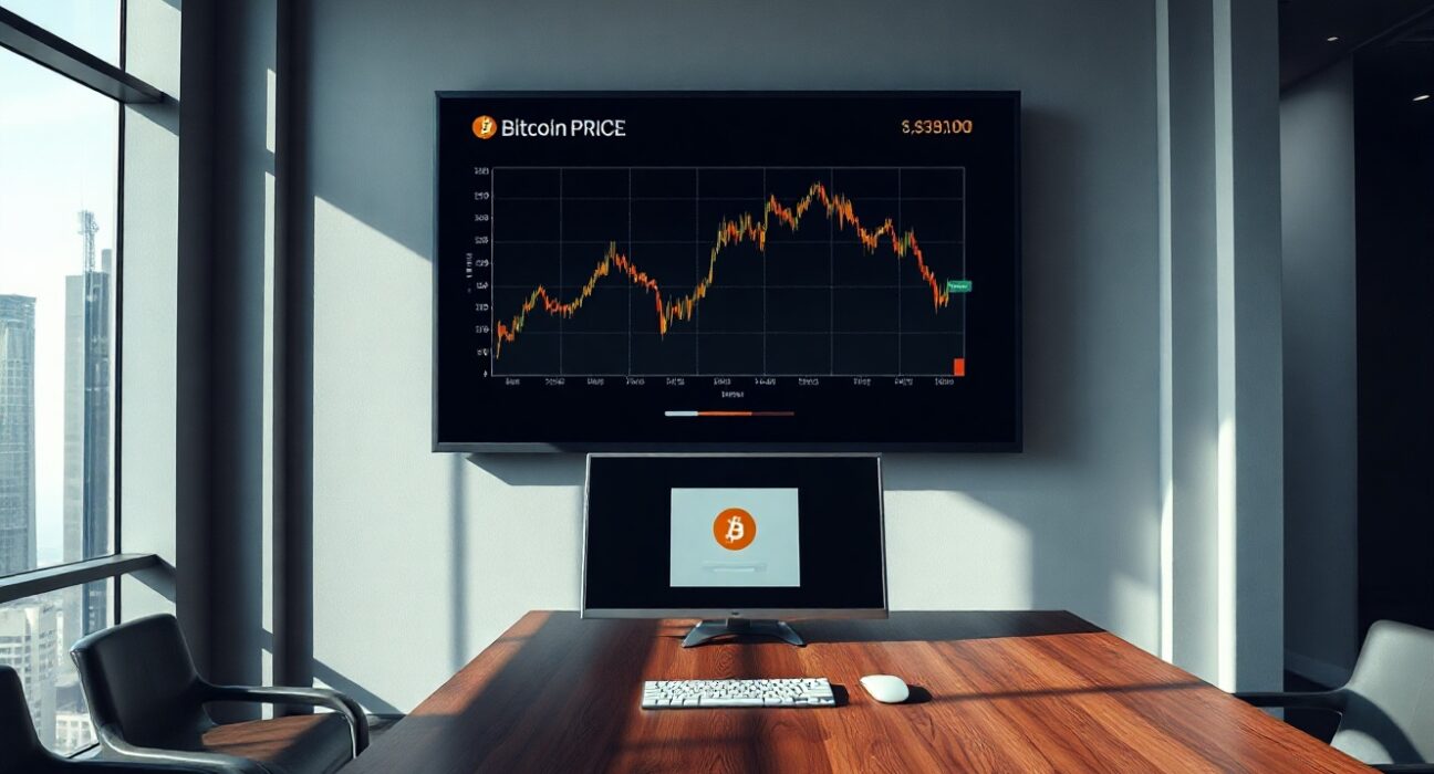 Corporate office with Bitcoin price chart on screen and transaction monitor